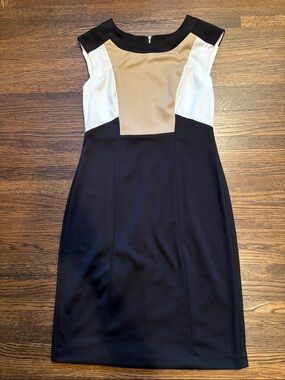 Maggy London Black, Cream & Tan Colorblock Midi Sheath Dress